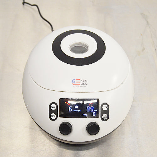 4E's USA high speed micro centrifuge ka top-down view, jisme upper lid window, brand logo, aur top control panel buttons aur knobs upar se saaf dikhai de rahe hain.   