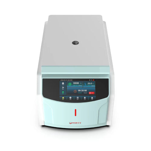 Studio front product view of a 4E's USA high-speed refrigerated centrifuge against a white background, highlighting its elongated white and light blue housing, closed lid with top viewport, and digital touchscreen control panel