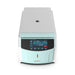 Studio front product view of a 4E's USA high-speed refrigerated centrifuge against a white background, highlighting its elongated white and light blue housing, closed lid with top viewport, and digital touchscreen control panel