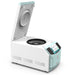 Studio side-angle product view of a 4E's USA high-speed refrigerated centrifuge with its lid open against a white background, highlighting its elongated white and light blue housing, side ventilation panels, internal rotor chamber, and angled digital touchscreen control panel