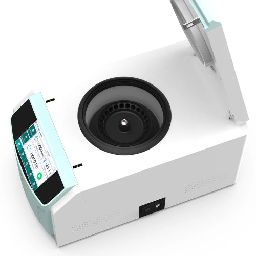 Studio top-down angle product view of a 4E's USA high-speed refrigerated centrifuge with its lid open against a white background, highlighting its white and light blue housing, loaded internal rotor, side power switch, and angled digital touchscreen control panel