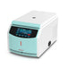 Studio three-quarter rear-angle product view of a 4E's USA high-speed refrigerated centrifuge against a white background, highlighting its elongated white and light blue housing, closed lid, power inlet port on the side, and digital touchscreen panel