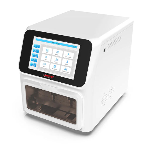 Studio front-angled product view of a 4E's USA large volume nucleic acid extractor against a white background, highlighting its elongated white body, angled touchscreen interface, and lower chamber door