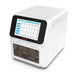 Studio front-angled product view of a 4E's USA large volume nucleic acid extractor against a white background, highlighting its elongated white body, angled touchscreen interface, and lower chamber door
