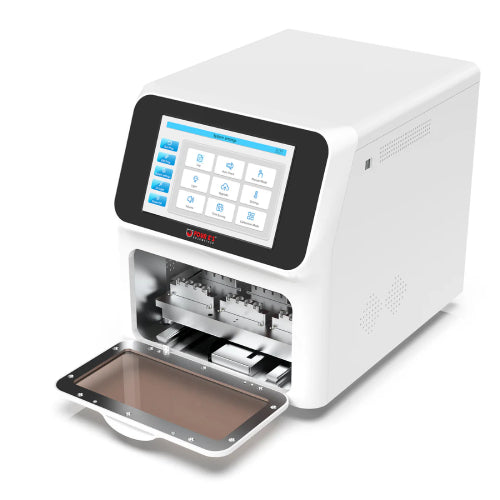 Studio product view of a 4E's USA large volume nucleic acid extractor with its front tinted door open against a white background, highlighting its elongated white housing, touchscreen panel, and internal sample block platform
