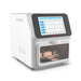 Studio three-quarter angle product view of a 4E's USA large volume nucleic acid extractor against a white background, highlighting its extended white housing, angled touchscreen control panel, and tinted chamber access door