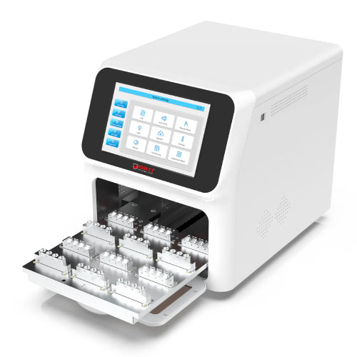Studio product view of a 4E's USA large volume nucleic acid extractor with its sample tray fully extended outward against a white background, highlighting its elongated white housing, touchscreen panel, and multiple mounted tube block modules