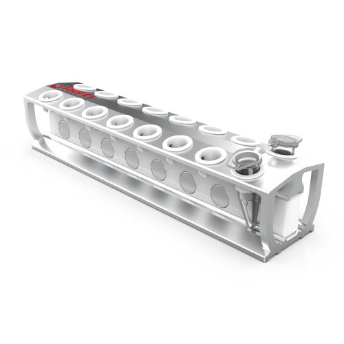 Studio product view of a 4E's USA 16-position magnetic separation rack for 1.5 mL microcentrifuge tubes against a white background, highlighting its silver metallic dual-row frame, branded top plate, and loaded sample tubes