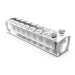 Studio product view of a 4E's USA 16-position magnetic separation rack for 1.5 mL microcentrifuge tubes against a white background, highlighting its silver metallic dual-row frame, branded top plate, and loaded sample tubes