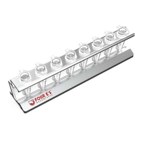 Studio product view of a 4E's USA 8-position magnetic separation rack for 1.5 mL microcentrifuge tubes against a white background, highlighting its silver metallic single-row frame, red brand logo, and loaded sample tubes