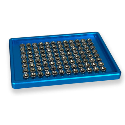 Studio product view of a 4E's USA magnetic separation rack for deep 96-well plates against a white background, highlighting its blue anodized aluminum base and precision-aligned array of magnetic extraction wells