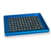 Studio product view of a 4E's USA magnetic separation rack for deep 96-well plates against a white background, highlighting its blue anodized aluminum base and precision-aligned array of magnetic extraction wells