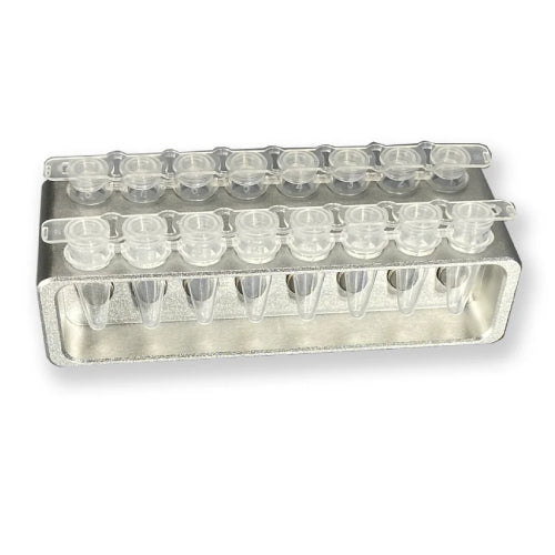 Studio product view of a 4E's USA magnetic separation rack loaded with transparent PCR tube strips against a white background, highlighting its compact silver metallic block design