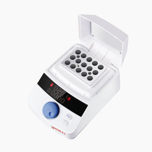 Studio angle product view of a 4E's USA mini block heater with an open flip-top heated lid and a loaded sample block against a white background, highlighting its white housing, multi-well metal block, digital LED control panel, and blue dial