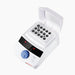 Studio angle product view of a 4E's USA mini block heater with an open flip-top heated lid and a loaded sample block against a white background, highlighting its white housing, multi-well metal block, digital LED control panel, and blue dial