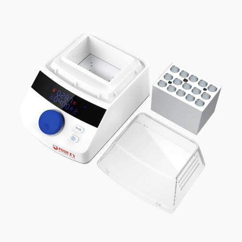 Studio angle product view of a 4E's USA mini block heater with its clear removable non-heated lid and multi-well sample block completely detached and placed alongside the unit against a white background, highlighting its white housing, digital LED panel, and blue control dial
