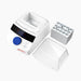 Studio angle product view of a 4E's USA mini block heater with its clear removable non-heated lid and multi-well sample block completely detached and placed alongside the unit against a white background, highlighting its white housing, digital LED panel, and blue control dial