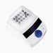 Studio angle product view of a 4E's USA mini block heater with a clear removable non-heated lid and a loaded sample block against a white background, highlighting its white housing, multi-well metal block, digital LED display, and blue control dial