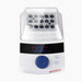 Studio top-down product view of a 4E's USA mini block heater with a clear removable non-heated lid and a loaded sample block against a white background, highlighting its white housing, multi-well metal block, digital LED display, and blue control dial