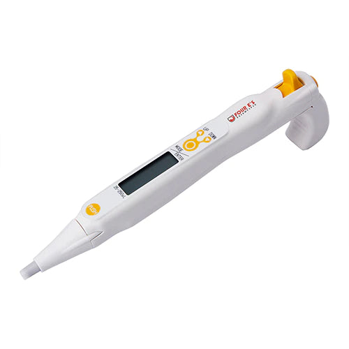 Left angle product view of a 4E's USA Mr. Lite 25-250uL electronic pipette, featuring its ergonomic white housing, digital display screen, yellow control buttons, and tip ejector plunger