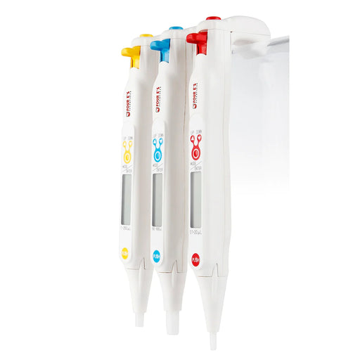Left angle product view of a set of three 4E's USA Mr. Lite electronic pipettes mounted on a storage rack, showcasing yellow, blue, and red color-coded buttons and digital display panels