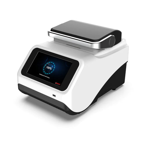 4E's USA P4M Gradient PCR Optima 96 brand new thermal cycler ka front angle view, jisme sample block lid, front touchscreen display, aur white-black casing saaf dikhai de rahi hai.   