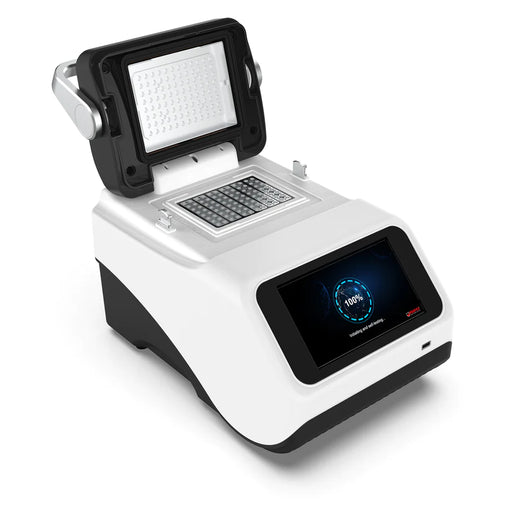 4E's USA P4M Gradient PCR Optima 96 thermal cycler ka open lid view, jisme 96-well sample block, heated lid ka under-surface, aur front touchscreen display saaf dikhai de raha hai.   