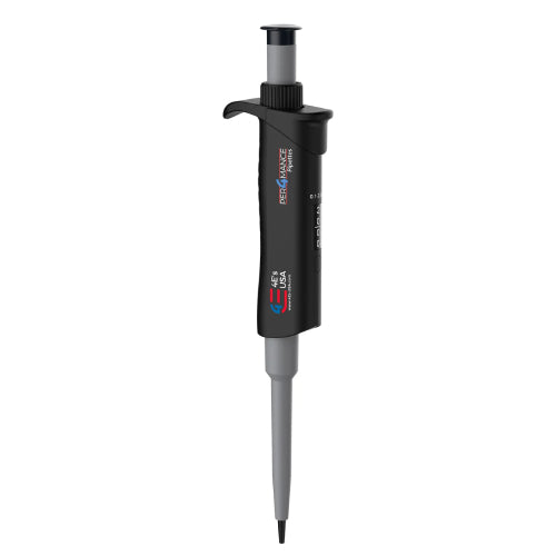 Studio product view of a 4E's USA Per4mance adjustable single-channel pipette (0.1-2uL) against a white background, highlighting its black and gray ergonomic body, gray plunger cap, and branding text