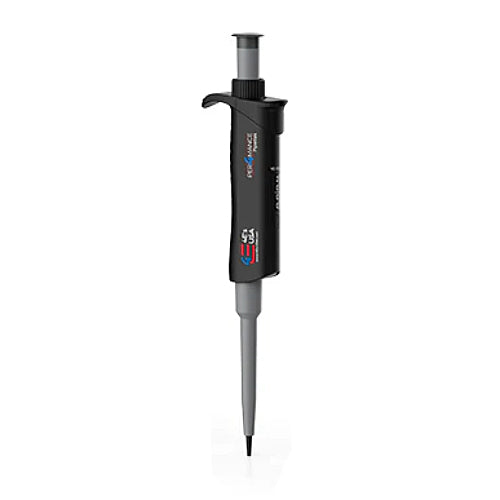 Studio product view of a 4E's USA Per4mance adjustable single-channel pipette (10-100uL) against a white background, highlighting its black and gray ergonomic body, dark gray plunger cap, and branding text