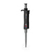 Studio product view of a 4E's USA Per4mance adjustable single-channel pipette (10-100uL) against a white background, highlighting its black and gray ergonomic body, dark gray plunger cap, and branding text