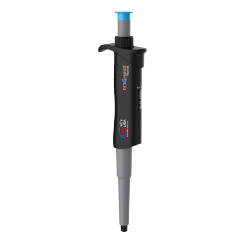 Studio product view of a 4E's USA Per4mance adjustable single-channel pipette (100-1000uL) against a white background, highlighting its black and gray ergonomic body, blue plunger cap, and branding text