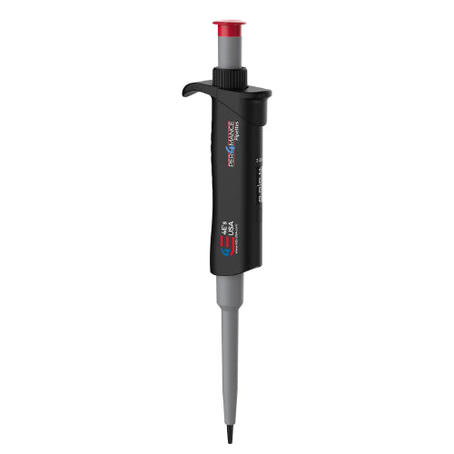 Studio product view of a 4E's USA Per4mance adjustable single-channel pipette (2-20uL) against a white background, highlighting its black and gray ergonomic body, red plunger cap, and branding text