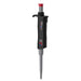 Studio product view of a 4E's USA Per4mance adjustable single-channel pipette (2-20uL) against a white background, highlighting its black and gray ergonomic body, red plunger cap, and branding text
