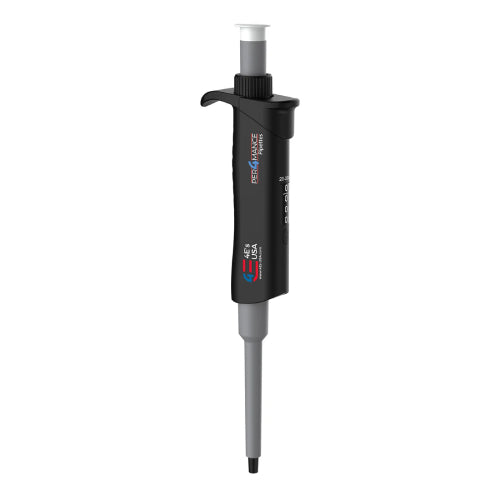 Studio product view of a 4E's USA Per4mance adjustable single-channel pipette (20-200uL) against a white background, highlighting its black and gray ergonomic body, white plunger cap, and branding text