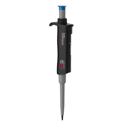 Studio product view of a 4E's USA Per4mance adjustable single-channel pipette (5-50uL) against a white background, highlighting its black and gray ergonomic body, blue plunger cap, and branding text