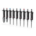 Studio diagonal lineup view of a complete collection of 4E's USA Per4mance adjustable single-channel pipettes in a descending step order covering volume capacities from 0.1uL to 10mL against a white background, highlighting their black bodies and color-coded plunger caps