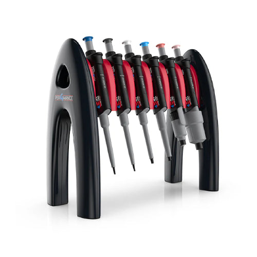 Studio product view of a black 4E's USA Per4mance linear pipette stand loaded with a complete multi-volume set of adjustable single-channel pipettes in a red rack insert against a white background