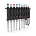 Studio lineup view of a complete set of 4E's USA Per4mance adjustable single-channel pipettes in various volumes against a white background, highlighting their black and gray bodies and color-coded plunger caps