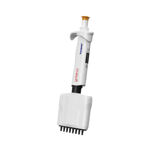 Studio front view of a 4E's USA Precipette 8-channel adjustable multichannel pipette (0.5-10uL) against a white background, highlighting its white ergonomic body, orange plunger cap, and lower tip manifold