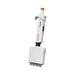 Studio front view of a 4E's USA Precipette 8-channel adjustable multichannel pipette (0.5-10uL) against a white background, highlighting its white ergonomic body, orange plunger cap, and lower tip manifold