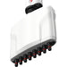 Close-up low-angle product view of the 8-channel lower module tip manifold on a 4E's USA Precipette adjustable multichannel pipette (0.5-10uL), highlighting the white housing and aligned black tip cones with red O-rings against a white background