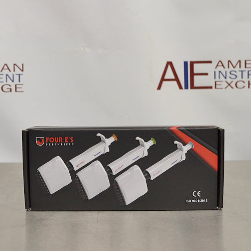 Front view of the official Four E's Scientific packaging box for the Precipette 8-channel adjustable multichannel pipette series (0.5-300uL) featuring product graphics against a black and red background on a neutral surface