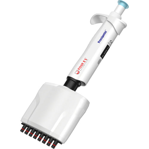 Studio angled product view of a 4E's USA Precipette 8-channel adjustable multichannel pipette (30-300uL) against a white background, highlighting its white ergonomic body, light blue plunger cap, and lower 8-channel tip manifold