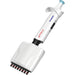 Studio angled product view of a 4E's USA Precipette 8-channel adjustable multichannel pipette (30-300uL) against a white background, highlighting its white ergonomic body, light blue plunger cap, and lower 8-channel tip manifold