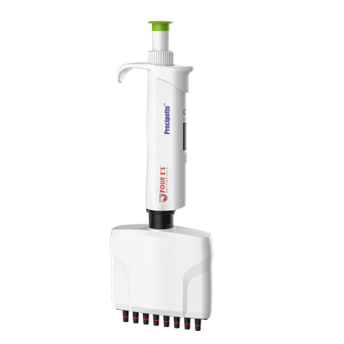 Studio product view of a 4E's USA Precipette 8-channel adjustable multichannel pipette (5-50uL) against a white background, highlighting its white ergonomic body, green plunger cap, and multi-tip lower module