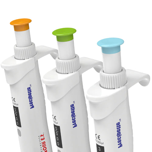 Close-up product view of three 4E's USA Precipette 8-channel adjustable multichannel pipettes showing their color-coded orange, green, and light blue plunger caps, ergonomic finger hooks, and digital volume displays covering 0.5uL to 300uL against a white background