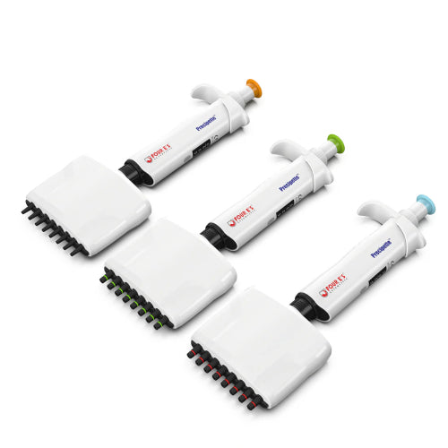 Studio flat lay diagonal product view of three 4E's USA Precipette 8-channel adjustable multichannel pipettes laid out diagonally against a white background, highlighting their white bodies and orange, green, and light blue plunger caps