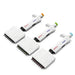 Studio flat lay diagonal product view of three 4E's USA Precipette 8-channel adjustable multichannel pipettes laid out diagonally against a white background, highlighting their white bodies and orange, green, and light blue plunger caps