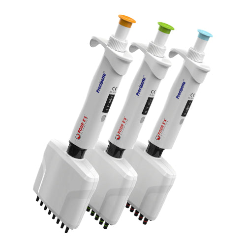 Studio product view of three full 4E's USA Precipette 8-channel adjustable multichannel pipettes tilted upward and facing left against a white background, highlighting their white bodies, digital volume windows, and orange, green, and light blue plunger caps