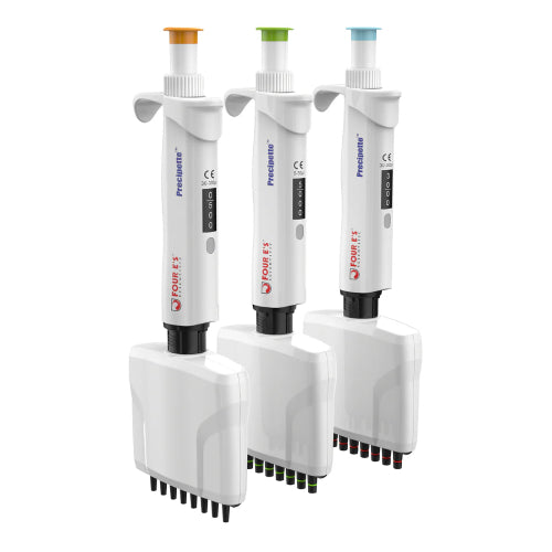 Studio diagonal lineup view of three 4E's USA Precipette 8-channel adjustable multichannel pipettes facing right featuring white ergonomic bodies and distinct color-coded orange, green, and light blue plunger caps covering volume capacities from 0.5uL to 300uL against a white background